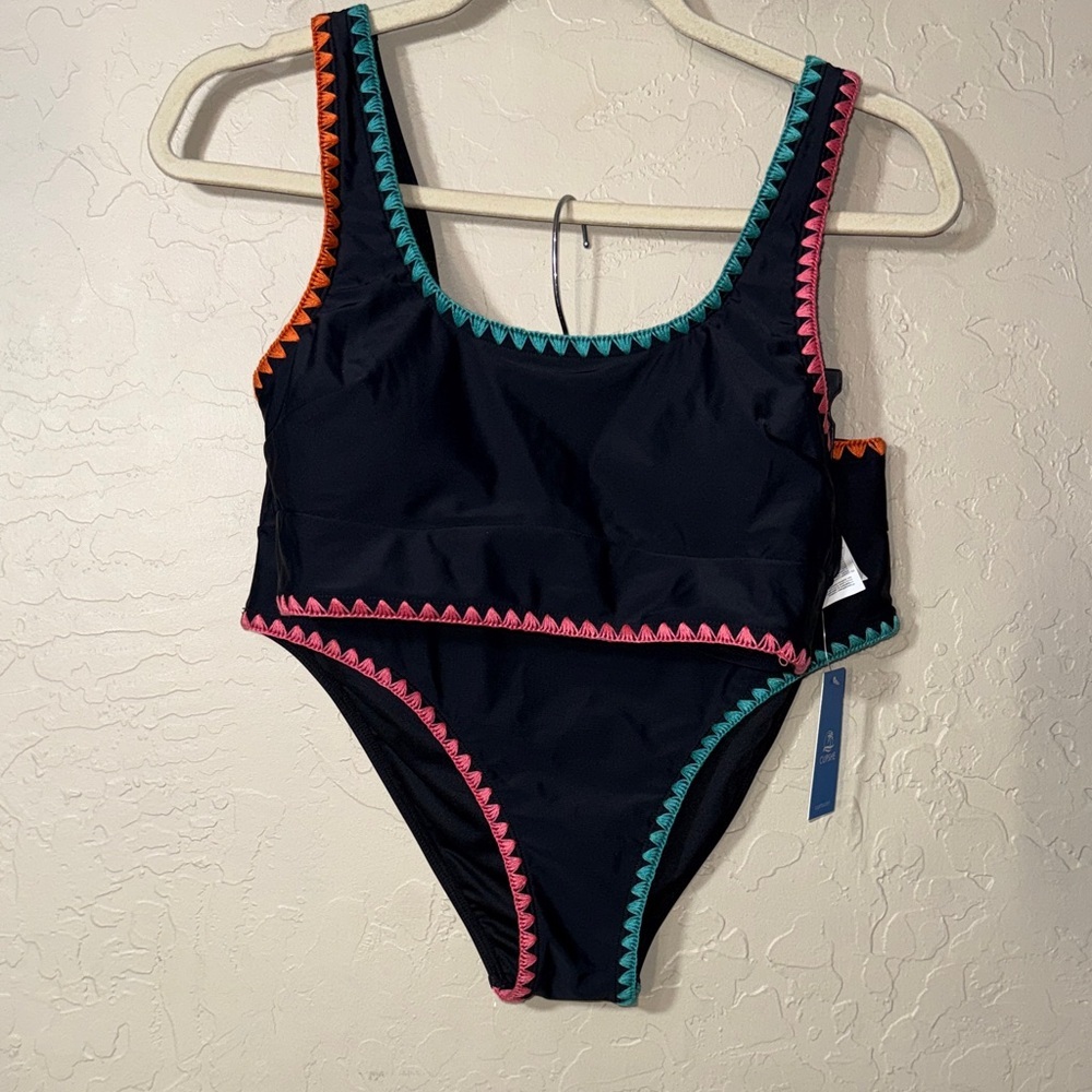 CUPSHE swimsuit black Tank midkini Wide Straps rainbow stitching size M - Picture 2 of 9